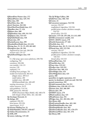 Index 729
QSharedData Pointer class, 372
QSharedPointer class, 429, 591
QSize class, 303
QSizePolicy class, 304
qSort() function, 362-364
QSortFilterProxyModel class, 422
QSpinBox class, 37, 434
QSplitter class, 408
QSqlDatabase class, 499, 541-545
QSqlQuery class, 543-545
QSqlTableModel class, 548
QStack class, 205
QStackedLayout class, 299
QStandardItemModel class, 414-424
QString class, 25, 33, 35, 499, 681-682
QStringList class, 46, 204
ArgumentList class and, 200-204
iterators and, 124-127
QStyledItemDelegate class, 410
Qt
C++/Qt setup, open source platforms, 698-704
configuring, 702
containers, 204-206
core module, 116-119
exercises, 120
explained, 114
installing from packages, 701
model-view framework, 402-413
delegate classes, 409-413
model indexes, 404
multiple views, 406-408
QFileSystemModel class, 404-405
naming conventions, 114-116
online resources, 24-25
style guidelines, 114-116
XML parsers for, 460-462
DOM (Document Object Model), 462, 466-476
SAX (Simple API for XML), 461, 462-466
Qt Developer Network, 24
Qt dialogs, 285
explained, 290-292
form layout, 292-294
input/output, 35-37
Qt Internet Mailing List, 24
Qt MultiMediaKit, 656-657, 656-657
Qt Online Documentation, 24
Qt SDK, 699
Qt source, indexing, 119-120
The Qt Widget Gallery, 286
QTableView class, 406, 548
QtCentre, 24
QtConcurrent namespace, 522-536
exercises, 536-537
mapReduce() algorithm, 533-536
parallel prime number calculator example,
526-532
thread safety, 524-525
QtCreator, 119-120, 295-296, 311-313, 689
QTDIR environment variable, 242
QTEST_MAIN() macro, 278
QTestLib framework, 277-281
QTextEdit class, 342
QTextStream class, 30, 35, 116-119, 249-254
QThread class, 499, 522-536
exercises, 536-537
mapReduce() algorithm, 533-536
parallel prime number calculator example,
526-532
thread safety, 524-525
QThreadPool class, 522
QTimeEdit class, 434
QTimer class, 319-322
QToolbar class, 329-333
QTreeView class, 406, 424
QTreeWidget class, 424
QTreeWidgetItem class, 424
quanta, 460
quantifiers in regular expressions, 441
queries (to databases), result sets and, 546-548
queued connections, 505
QUndoCommand class, 344-351
QValidator class, 438-440, 451-454
QVariant class, 263, 386-389
QVector class, 205
QVERIFY macro, 278
QWaitCondition class, 525
QWeakPointer class, 591
QWidget class, 261, 283-284, 499
Qwt library, 688
QXmlContentHandler class, 463, 464
QXmlDefaultHandler class, 464
QXmlSimpleReader class, 463
QXmlStreamReader class, 461, 476-479
QXmlStreamWriter class, 461, 476
Qxt library, 688
 