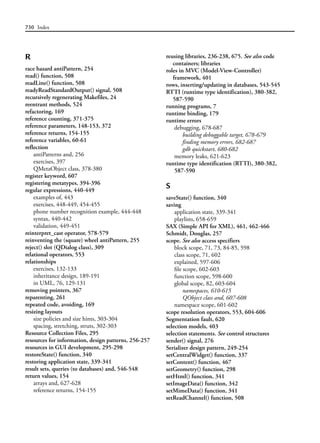 730 Index
R
race hazard antiPattern, 254
read() function, 508
readLine() function, 508
readyReadStandardOutput() signal, 508
recursively regenerating Makefiles, 24
reentrant methods, 524
refactoring, 169
reference counting, 371-375
reference parameters, 148-153, 372
reference returns, 154-155
reference variables, 60-61
reflection
antiPatterns and, 256
exercises, 397
QMetaObject class, 378-380
register keyword, 607
registering metatypes, 394-396
regular expressions, 440-449
examples of, 443
exercises, 448-449, 454-455
phone number recognition example, 444-448
syntax, 440-442
validation, 449-451
reinterpret_cast operator, 578-579
reinventing the (square) wheel antiPattern, 255
reject() slot (QDialog class), 309
relational operators, 553
relationships
exercises, 132-133
inheritance design, 189-191
in UML, 76, 129-131
removing pointers, 367
reparenting, 261
repeated code, avoiding, 169
resizing layouts
size policies and size hints, 303-304
spacing, stretching, struts, 302-303
Resource Collection Files, 295
resources for information, design patterns, 256-257
resources in GUI development, 295-298
restoreState() function, 340
restoring application state, 339-341
result sets, queries (to databases) and, 546-548
return values, 154
arrays and, 627-628
reference returns, 154-155
reusing libraries, 236-238, 675. See also code
containers; libraries
roles in MVC (Model-View-Controller)
framework, 401
rows, inserting/updating in databases, 543-545
RTTI (runtime type identification), 380-382,
587-590
running programs, 7
runtime binding, 179
runtime errors
debugging, 678-687
building debuggable target, 678-679
finding memory errors, 682-687
gdb quickstart, 680-682
memory leaks, 621-623
runtime type identification (RTTI), 380-382,
587-590
S
saveState() function, 340
saving
application state, 339-341
playlists, 658-659
SAX (Simple API for XML), 461, 462-466
Schmidt, Douglas, 257
scope. See also access specifiers
block scope, 71, 73, 84-85, 598
class scope, 71, 602
explained, 597-606
file scope, 602-603
function scope, 598-600
global scope, 82, 603-604
namespaces, 610-615
QObject class and, 607-608
namespace scope, 601-602
scope resolution operators, 553, 604-606
Segmentation fault, 620
selection models, 403
selection statements. See control structures
sender() signal, 276
Serializer design pattern, 249-254
setCentralWidget() function, 337
setContent() function, 467
setGeometry() function, 298
setHtml() function, 341
setImageData() function, 342
setMimeData() function, 341
setReadChannel() function, 508
 
