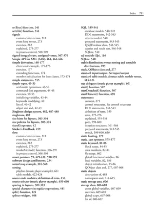 Index 731
setText() function, 341
setUrls() function, 342
signals
custom events versus, 318
event loop versus, 273
exercises, 282
explained, 275-277
in process control, 508-509
signed integral types, unsigned versus, 567-570
Simple API for XML (SAX), 461, 462-466
simple derivation, 168-177
client code example, 175-176
exercises, 177
extending functions, 174
member initialization for base classes, 173-174
simple statements, 555
simple types, 40-53
arithmetic operations, 46-50
command-line arguments, 44-46
exercises, 50-53
initializing variables, 43-44
keywords modifying, 40
list of, 40-42
object size and, 42-43
Singleton design pattern, 482, 487-488
singletons, 482
size hints for layouts, 303-304
size policies for layouts, 303-304
sizeof() operator, 42
Slacker's DocBook, 459
slots
custom events versus, 318
event loop versus, 273
exercises, 282
explained, 275-277
invokeMethod() function, 396-397
in process control, 508-509
smart pointers, 59, 429-431, 590-591
software design antiPatterns, 254
sorted map example, 365-368
sorting
playlists (music player example), 661
table models, 422-424
source code modules, definition of term, 236
source selector (music player example), 659-660
spacing in layouts, 302-303
special characters in regular expressions, 441
split() function, 124
splitter widgets, 408
SQL, 539-541
database models, 548-549
DDL statements, 542-543
drivers needed, 540
prepared statements, 543-545
QSqlDatabase class, 541-545
queries and result sets, 546-548
SQLite, 540
sql module (Qt), 116
SQLite, 540
stable distributions versus testing and unstable
distributions, 693
stack, QObject class and, 277
standard input/output. See input/output
standard table models, abstract table models versus,
414-424
star delegates (music player example), 661
start() function, 507
startDetached() function, 507
startElement() function, 498
statements
connect, 275
control structures. See control structures
DDL statements, 542-543
definition of term, 555
emit, 275-276
explained, 555-558
goto, 598-600
iteration structures, 561-564
prepared statements, 543-545
switch, 599-600, 636
static binding, 179
static_cast operator, 575-577
static keyword, 81-86
block scope, 84-85
data members, 82-84
file scope, 602
global functions/variables, 86
local variables, 82, 386
object initialization, 85-86
QObject class and, 277, 607-608
static objects
destruction of, 488
namespaces and, 614-615
static storage area, 606
storage class, 606-610
const global variables, 607-609
exercises, 609-610
global scope, 607-608
list of, 606-607
 