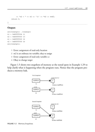 1.17 const* and *const 63
<< "n2 = " << n2 << 't' << *n2 << endl;
return 0;
}
Output:
src/constptr> ./constptr
n1 = 0xbffff504 11
n2 = 0xbffff500 13
n1 = 0xbffff500 16
n2 = 0xbffff500 16
src/constptr>
1 Error: assignment of read-only location
2 m2 is an ordinary int variable; okay to assign
3 Error: assignment of read-only variable n2
4 Okay to change target
Figure 1.5 shows two snapshots of memory at the noted spots in Example 1.29 to
help clarify what is happening when the program runs. Notice that the program pro-
duces a memory leak.
FIGURE 1.5 Memory Snapshots
 