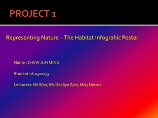Name : CHEW JUN MING
Student id: 0310173
Lecturers: MrWan, Ms Deeliya Zain, Miss Norma
Representing Nature –The Habitat Infograhic Poster
 