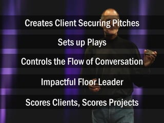 Creates Client Securing Pitches
Sets up Plays
Controls the Flow of Conversation
Impactful Floor Leader
Scores Clients, Scores Projects
 