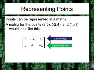 Representing Points
Points can be represented in a matrix.
A matrix for the points (3,5); (-2,4); and (1,-1)
would look like this:
3 2 1
5 4 1
− 
 − 
x on the top
y on the bottom
 