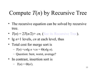 13
Compute T(n) by Recursive Tree
• The recursive equation can be solved by recursive
tree.
• T(n) = 2T(n/2)+ cn, (See its Recursive Tree).
• lg n+1 levels, cn at each level, thus
• Total cost for merge sort is
– T(n) =cnlg n +cn = Θ(nlg n).
– Question: best, worst, average?
• In contrast, insertion sort is
– T(n) = Θ(n2
).
 