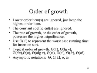 15
Order of growth
• Lower order item(s) are ignored, just keep the
highest order item.
• The constant coefficient(s) are ignored.
• The rate of growth, or the order of growth,
possesses the highest significance.
• Use Θ(n2
) to represent the worst case running time
for insertion sort.
• Typical order of growth: Θ(1), Θ(lg n),
Θ(√n),Θ(n), Θ(nlg n), Θ(n2
), Θ(n3
), Θ(2n
), Θ(n!)
• Asymptotic notations: Θ, O, Ω, o, ω.
 