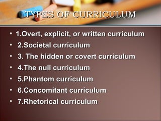 TYPES OF CURRICULUM
• 1.Overt, explicit, or written curriculum
• 2.Societal curriculum
• 3. The hidden or covert curriculum
• 4.The null curriculum
• 5.Phantom curriculum
• 6.Concomitant curriculum
• 7.Rhetorical curriculum

 