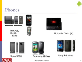Phones

HTC G1,
Droid,
Tattoo

Suno S880

Motorola Droid (X)

Samsung Galaxy
@2011 Mihail L. Sichitiu

Sony Ericsson
4

 