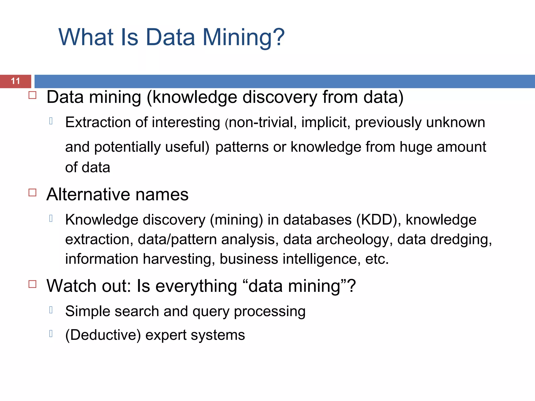 What Is Data Mining?
11



Data mining (knowledge discovery from data)


Extraction of interesting (non-trivial, implicit, previously unknown
and potentially useful) patterns or knowledge from huge amount
of data



Alternative names




Knowledge discovery (mining) in databases (KDD), knowledge
extraction, data/pattern analysis, data archeology, data dredging,
information harvesting, business intelligence, etc.

Watch out: Is everything “data mining”?


Simple search and query processing



(Deductive) expert systems

 