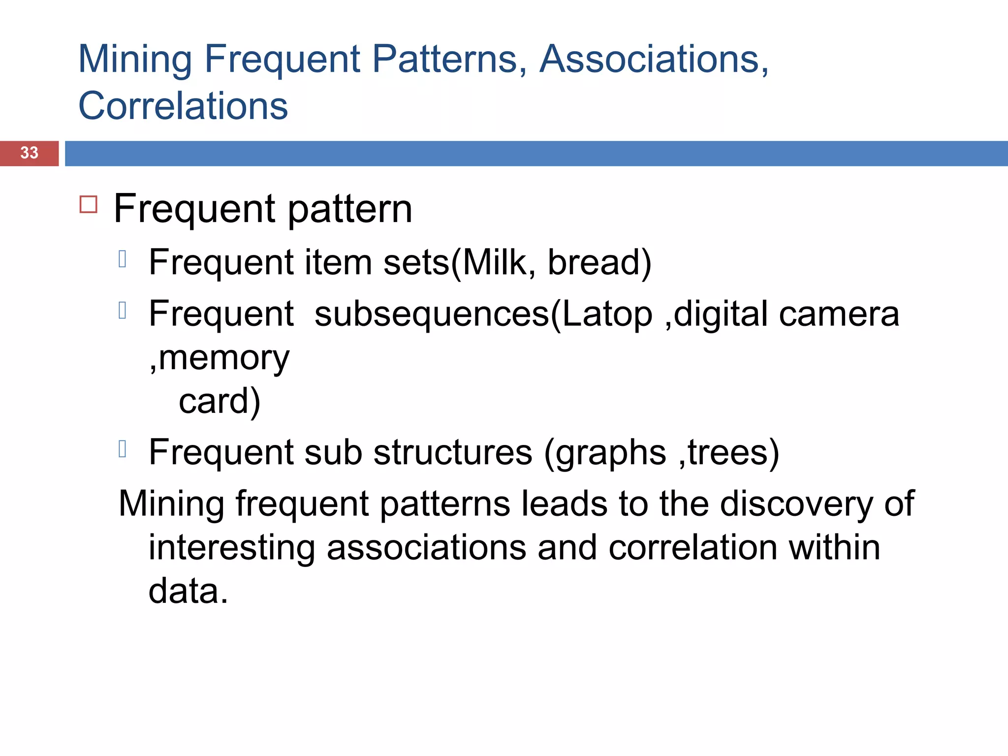 Mining Frequent Patterns, Associations,
Correlations
33



Frequent pattern
Frequent item sets(Milk, bread)
 Frequent subsequences(Latop ,digital camera
,memory
card)
 Frequent sub structures (graphs ,trees)
Mining frequent patterns leads to the discovery of
interesting associations and correlation within
data.


 