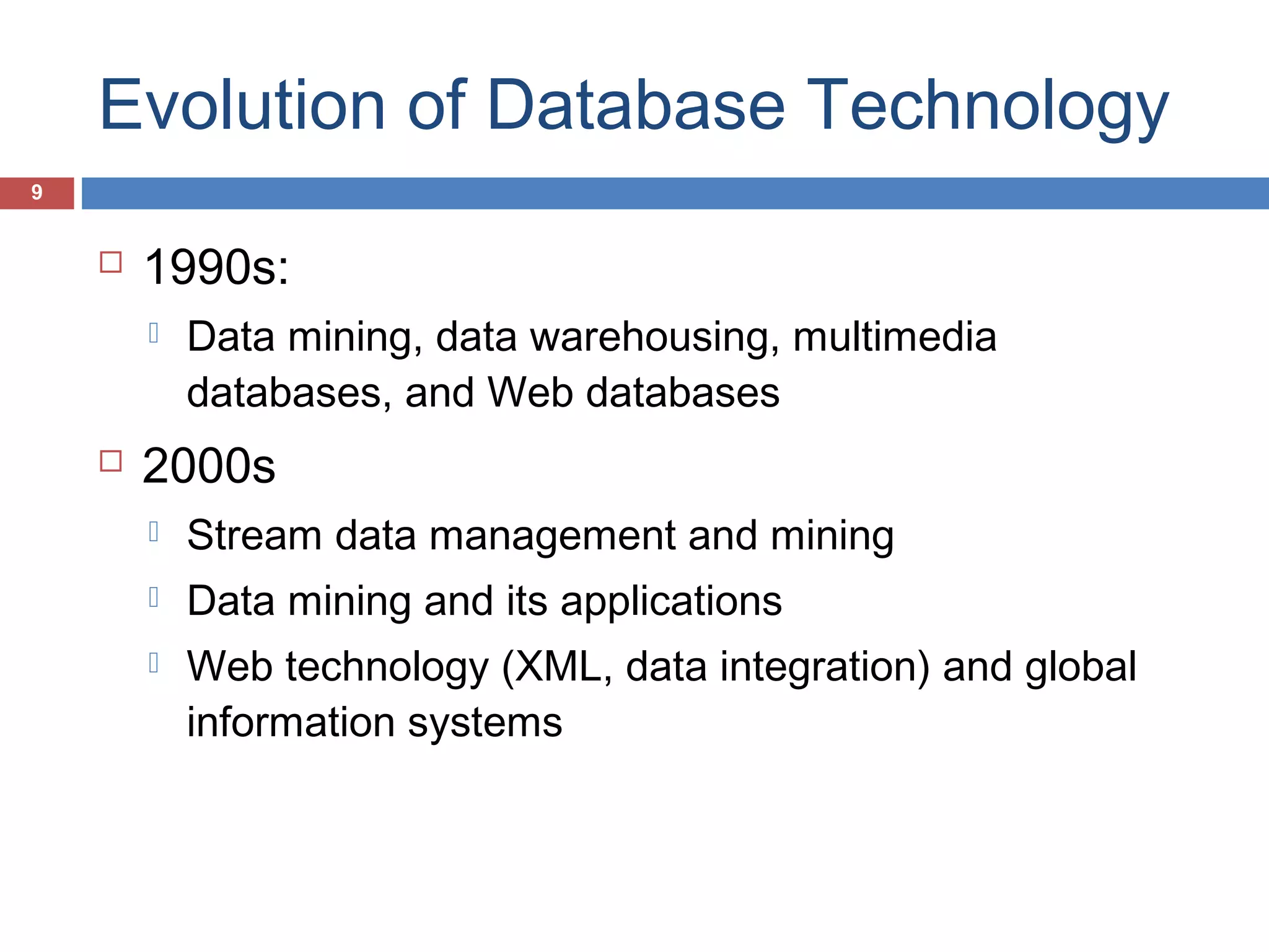 Evolution of Database Technology
9



1990s:




Data mining, data warehousing, multimedia
databases, and Web databases

2000s


Stream data management and mining



Data mining and its applications



Web technology (XML, data integration) and global
information systems

 