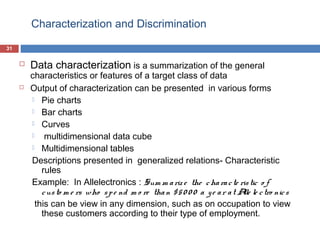 Characterization and Discrimination
31





Data characterization is a summarization of the general

characteristics or features of a target class of data
Output of characterization can be presented in various forms
 Pie charts
 Bar charts
 Curves

multidimensional data cube
 Multidimensional tables
Descriptions presented in generalized relations- Characteristic
rules
Example: In Allelectronics : Sum m a riz e the c ha ra c te ris tic o f
c us to m e rs who s p e nd m o re tha n $ 5 0 0 0 a y e a r a t A le c tro nic s
lle
this can be view in any dimension, such as on occupation to view
these customers according to their type of employment.

 