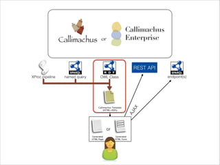 Callimachus

Callimachus
Enterprise

or

REST API
named query

endpoint(s)

OWL Class

Callimachus Template
XHTML+RDFa

or
Generated
HTML Page

Generated
HTML Form

AJ
AX

XProc pipeline

 