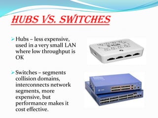 Hubs vs. switches
Hubs – less expensive,
used in a very small LAN
where low throughput is
OK
Switches – segments
collision domains,
interconnects network
segments, more
expensive, but
performance makes it
cost effective.
 