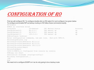 Configuration of R1
Now configure R1. On R1 we need to configure both RIP and EIGRP. RIP for backup and EIGRP for main
rou...