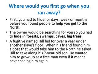 Where would you first go when you
ran away?
• First, you had to hide for days, week or months
before you found people to help you get to the
North.
• The owner would be searching for you so you had
to hide in forests, swamps, caves, big trees.
• A fugitive named Hill hid for over a year under
another slave’s floor! When his friend found him
a boat that would take him to the North he asked
Hill to take along his 7-year-old son. He wanted
him to grow up as a free man even if it meant
never seeing him again.
 