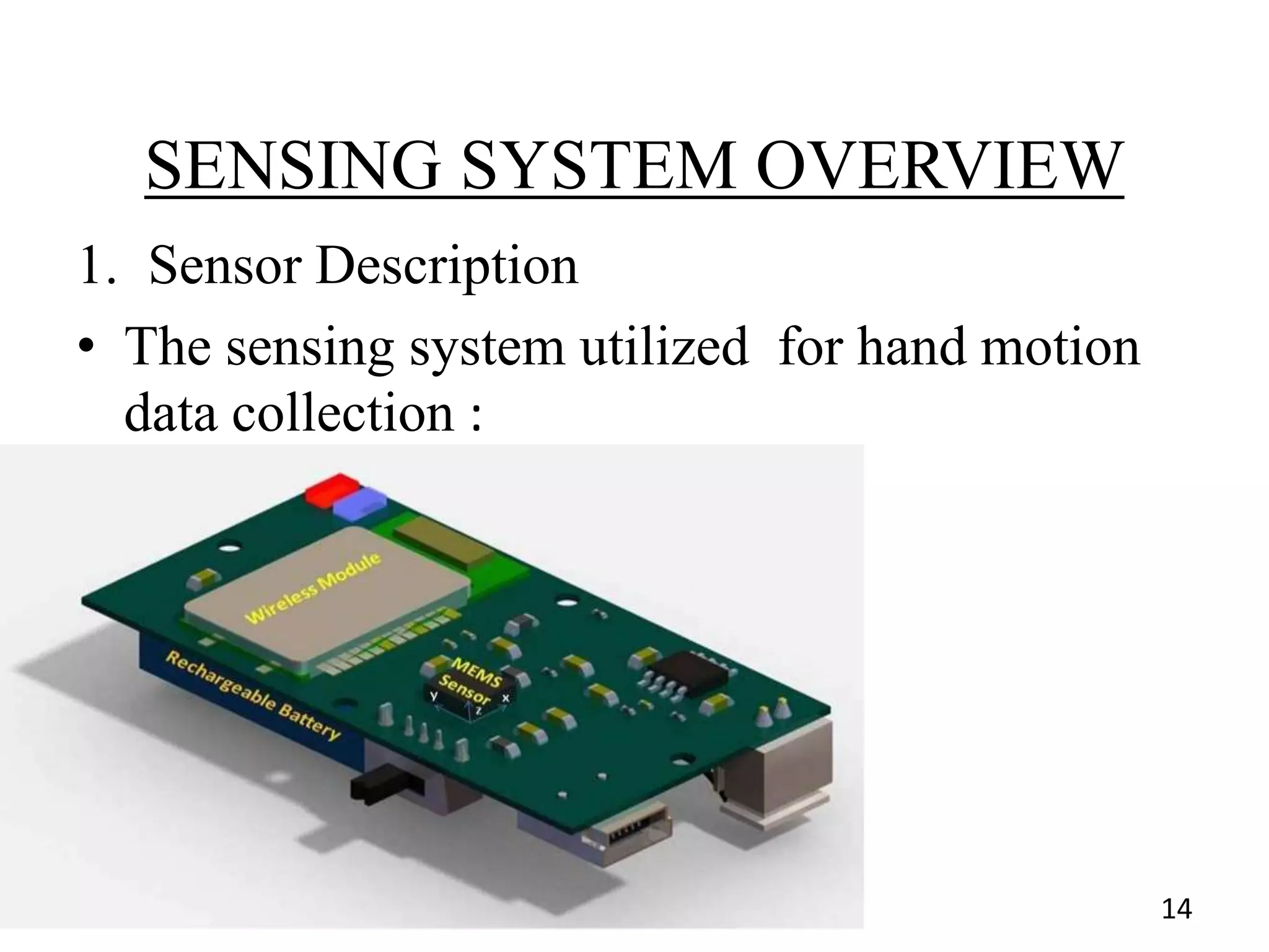 SENSING SYSTEM OVERVIEW
1. Sensor Description
• The sensing system utilized for hand motion
data collection :
14
 