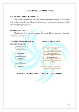 13
2.THEORITICAL FRAME WORK
NEW PRODUCT ADOPTION PROCESS
New product introductions and their adoption, particularly in case of new-to-the-
world products often takes a very long time. Customers are sometimes suspicious, even doubt
full about adopting new products
ADOPTION DECISION:
The adoption of an innovation requires that an individual or a group of consumers
decide buying a new product
STAGES IN ADOPTION PROCES STAGES IN EXTENDED
DECISION-MAKING
ADOPTION PROCESS AND EXTENDED DECISION- MAKING
Awareness
Knowledge
Evaluation
Trail
Adoption
Need Recognition
Information search
Brand Evaluation
Purchase
Post purchase evaluation
 