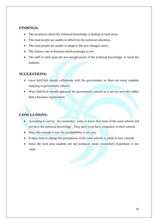 35
FINDINGS:
The awareness about the technical knowledge is lacking in rural areas.
The rural people are unable to afford for the technical education.
The rural people are unable to adopt to the new changes easily.
The literacy rate in Kurnool and Karimnagar is low.
The staff in rural areas are not enough aware of the technical knowledge to teach the
students.
SUGGESTIONS:
wave InfoTech should collaborate with the government, as there are many students
studying in government schools.
Wave InfoTech should approach the government schools as a service provider rather
than a business organization.
CONCLUSIONS:
According to survey the researcher came to know that most of the rural schools did
not have the technical knowledge . They don't even have computers in their schools
Since the concept is new the acceptability is not easy
It takes time to change the perceptions of the rural schools to adopt to new concept
Since the rural area students are not technical aware researcher's hypothesis is not
valid
 
