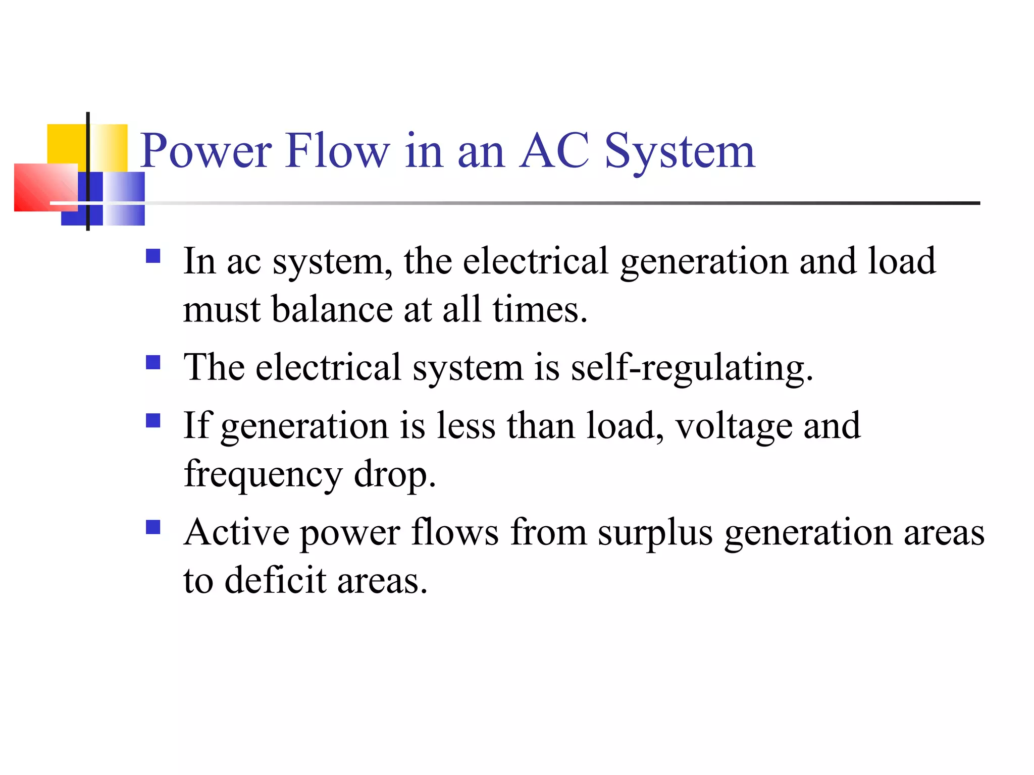 Power Flow in an AC System
 In ac system, the electrical generation and load
must balance at all times.
 The electrical system is self-regulating.
 If generation is less than load, voltage and
frequency drop.
 Active power flows from surplus generation areas
to deficit areas.
 