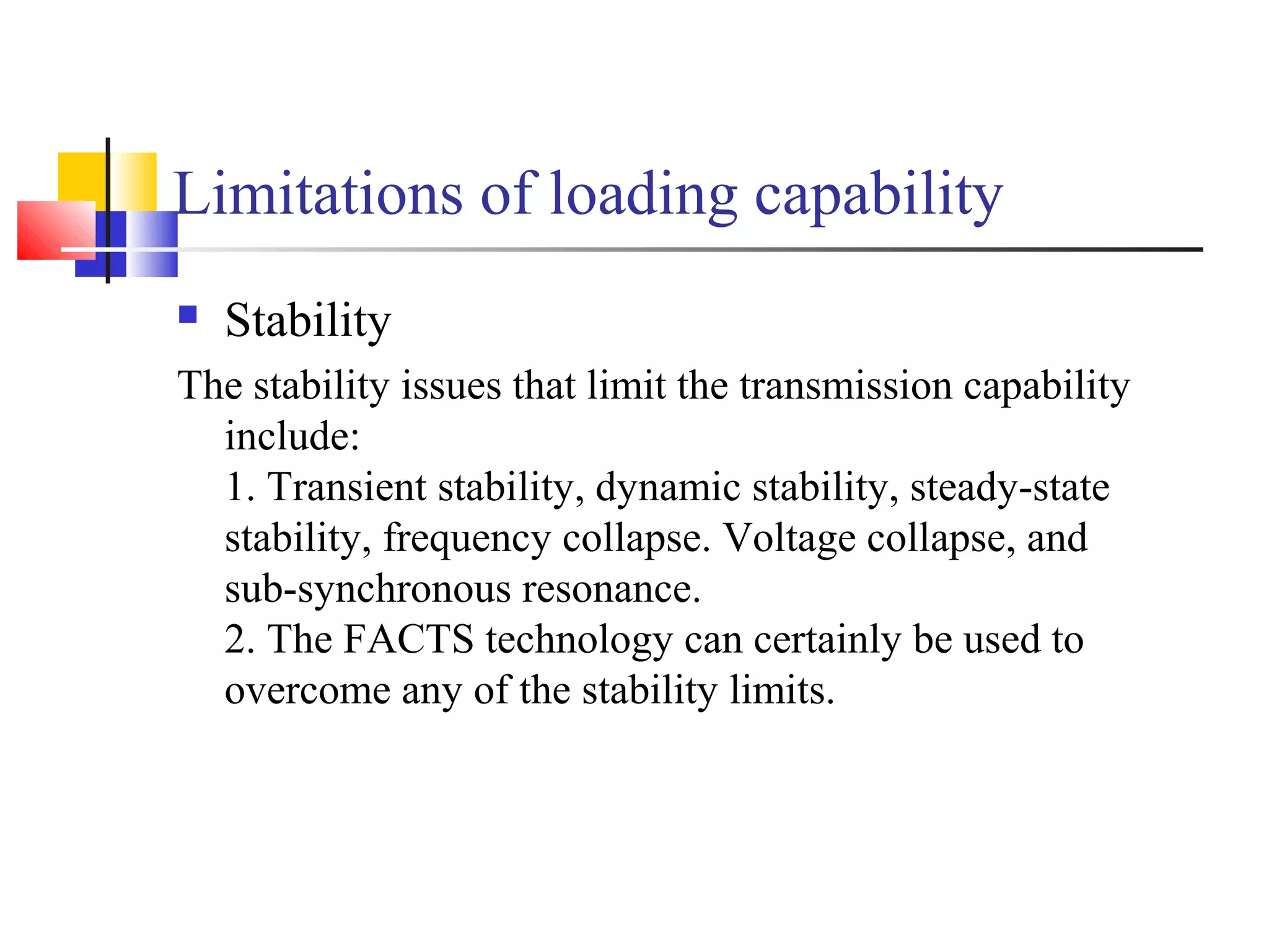 Limitations of loading capability
 Stability
The stability issues that limit the transmission capability
include:
1. Transient stability, dynamic stability, steady-state
stability, frequency collapse. Voltage collapse, and
sub-synchronous resonance.
2. The FACTS technology can certainly be used to
overcome any of the stability limits.
 