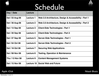 Nitesh BhatiaApple iClub
ScheduleDay / Date Lecture
Sat / 23 Aug 08 Lecture 1 Web 2.0 Architecture, Design & Accessibility...