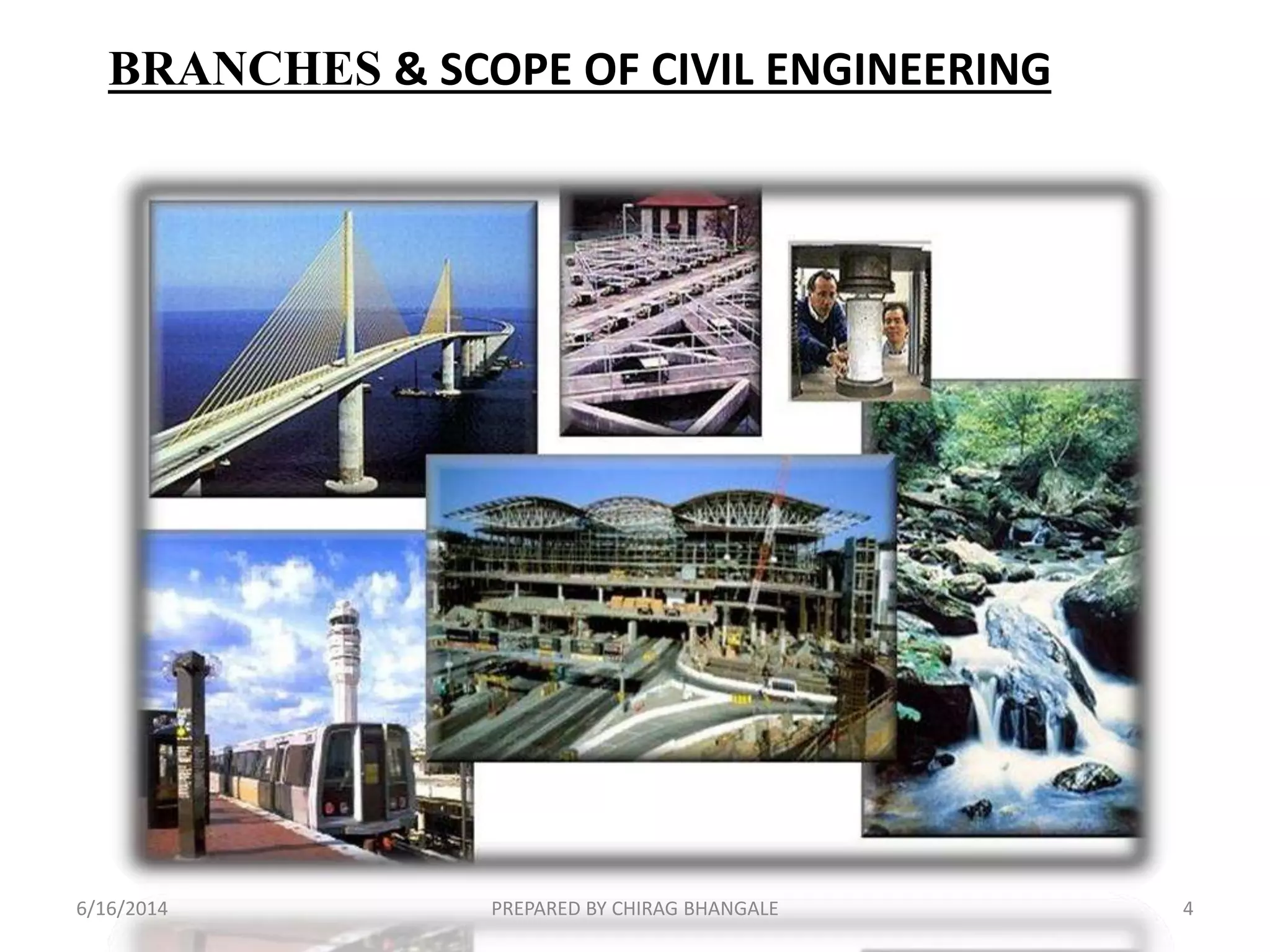 BRANCHES & SCOPE OF CIVIL ENGINEERING
6/16/2014 4PREPARED BY CHIRAG BHANGALE
 