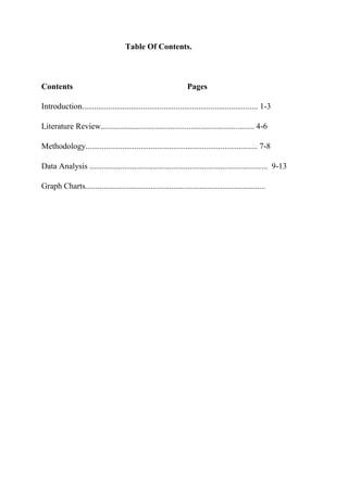Table Of Contents.
Contents Pages
Introduction...................................................................................... 1-3
Literature Review........................................................................... 4-6
Methodology.................................................................................... 7-8
Data Analysis ....................................................................................... 9-13
Graph Charts........................................................................................
 