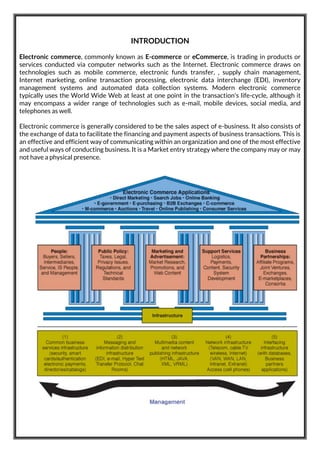 INTRODUCTION
Electronic commerce, commonly known as E-commerce or eCommerce, is trading in products or
services conducted via computer networks such as the Internet. Electronic commerce draws on
technologies such as mobile commerce, electronic funds transfer, , supply chain management,
Internet marketing, online transaction processing, electronic data interchange (EDI), inventory
management systems and automated data collection systems. Modern electronic commerce
typically uses the World Wide Web at least at one point in the transaction's life-cycle, although it
may encompass a wider range of technologies such as e-mail, mobile devices, social media, and
telephones as well.
Electronic commerce is generally considered to be the sales aspect of e-business. It also consists of
the exchange of data to facilitate the financing and payment aspects of business transactions. This is
an effective and efficient way of communicating within an organization and one of the most effective
and useful ways of conducting business. It is a Market entry strategy where the company may or may
not have a physical presence.
 