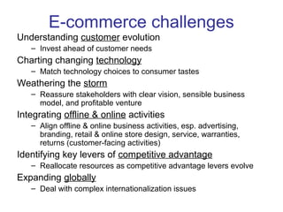 E-commerce challenges 
Understanding customer evolution 
– Invest ahead of customer needs 
Charting changing technology 
– Match technology choices to consumer tastes 
Weathering the storm 
– Reassure stakeholders with clear vision, sensible business 
model, and profitable venture 
Integrating offline & online activities 
– Align offline & online business activities, esp. advertising, 
branding, retail & online store design, service, warranties, 
returns (customer-facing activities) 
Identifying key levers of competitive advantage 
– Reallocate resources as competitive advantage levers evolve 
Expanding globally 
– Deal with complex internationalization issues 
 