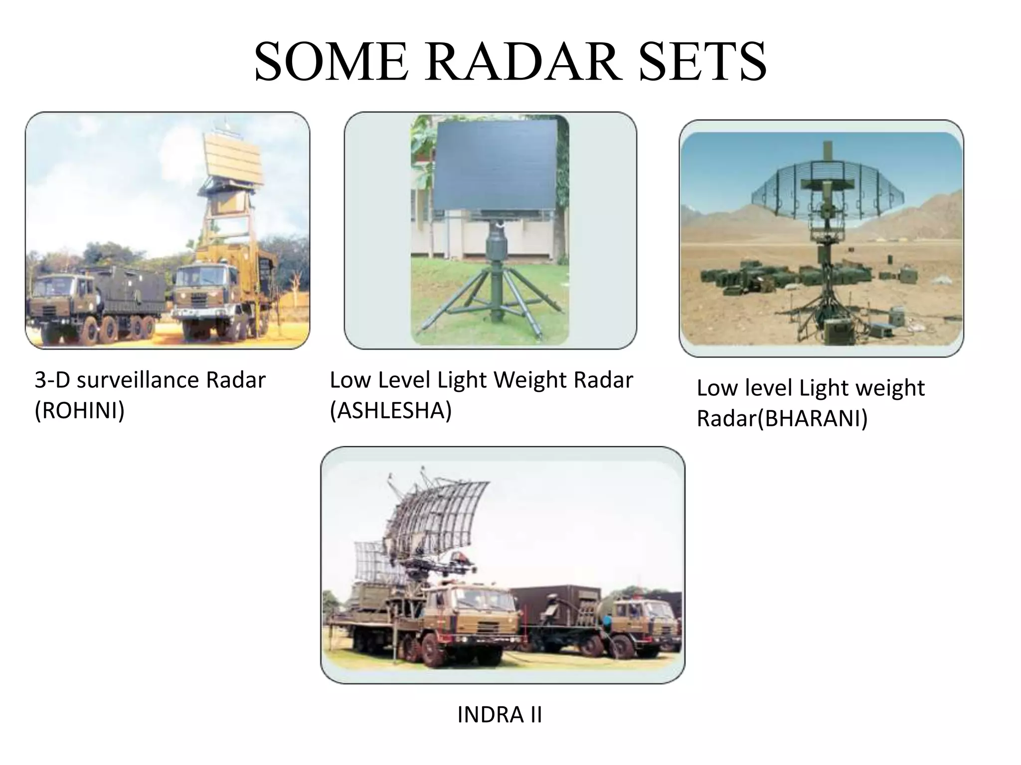 SOME RADAR SETS 
3-D surveillance Radar 
(ROHINI) 
Low Level Light Weight Radar 
(ASHLESHA) 
Low level Light weight 
Radar(BHARANI) 
INDRA II 
 