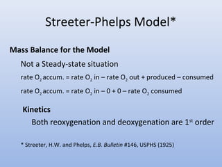 Streeter-Phelps Model* 
Mass Balance for the Model 
Not a Steady-state situation 
rate O2 accum. = rate O2 in – rate O2 out + produced – consumed 
rate O2 accum. = rate O2 in – 0 + 0 – rate O2 consumed 
Kinetics 
Both reoxygenation and deoxygenation are 1st order 
* Streeter, H.W. and Phelps, E.B. Bulletin #146, USPHS (1925) 
 