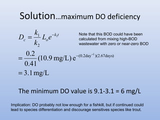 Solution…maximum DO deficiency 
D k 
1 
2 
Note that this BOD could have been 
calculated from mixing high-BOD 
wastewater with zero or near-zero BOD 
0.2 (0.2day )(2.67days) 
(10.9 mg/L) e 
0.41 
3.1 mg/L 
1 
1 
= 
= 
= 
- - 
-k t 
c oL e 
k 
The minimum DO value is 9.1-3.1 = 6 mg/L 
Implication: DO probably not low enough for a fishkill, but if continued could 
lead to species differentiation and discourage sensitives species like trout. 
