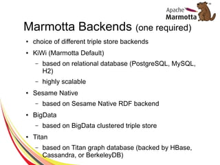 Marmotta Backends (one required) 
● choice of different triple store backends 
● KiWi (Marmotta Default) 
– based on relat...