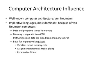 Computer Architecture Influence 
• Well-known computer architecture: Von Neumann 
• Imperative languages, most dominant, because of von 
Neumann computers 
– Data and programs stored in memory 
– Memory is separate from CPU 
– Instructions and data are piped from memory to CPU 
– Basis for imperative languages 
• Variables model memory cells 
• Assignment statements model piping 
• Iteration is efficient 
 
