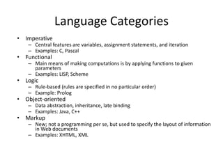 Language Categories 
• Imperative 
– Central features are variables, assignment statements, and iteration 
– Examples: C, Pascal 
• Functional 
– Main means of making computations is by applying functions to given 
parameters 
– Examples: LISP, Scheme 
• Logic 
– Rule-based (rules are specified in no particular order) 
– Example: Prolog 
• Object-oriented 
– Data abstraction, inheritance, late binding 
– Examples: Java, C++ 
• Markup 
– New; not a programming per se, but used to specify the layout of information 
in Web documents 
– Examples: XHTML, XML 
 