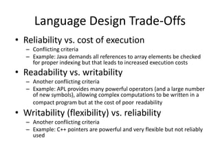 Language Design Trade-Offs 
• Reliability vs. cost of execution 
– Conflicting criteria 
– Example: Java demands all references to array elements be checked 
for proper indexing but that leads to increased execution costs 
• Readability vs. writability 
– Another conflicting criteria 
– Example: APL provides many powerful operators (and a large number 
of new symbols), allowing complex computations to be written in a 
compact program but at the cost of poor readability 
• Writability (flexibility) vs. reliability 
– Another conflicting criteria 
– Example: C++ pointers are powerful and very flexible but not reliably 
used 
 