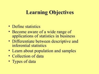 Learning Objectives
• Define statistics
• Become aware of a wide range of
applications of statistics in business
• Differentiate between descriptive and
inferential statistics
• Learn about population and samples
• Collection of data
• Types of data
 