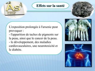Effets sur la santé
L'exposition prolongée à l'arsenic peut
provoquer :
- l'apparition de taches de pigments sur
la peau, ainsi que le cancer de la peau.
- le développement, des maladies
cardiovasculaires, une neurotoxicité et
le diabète.
 