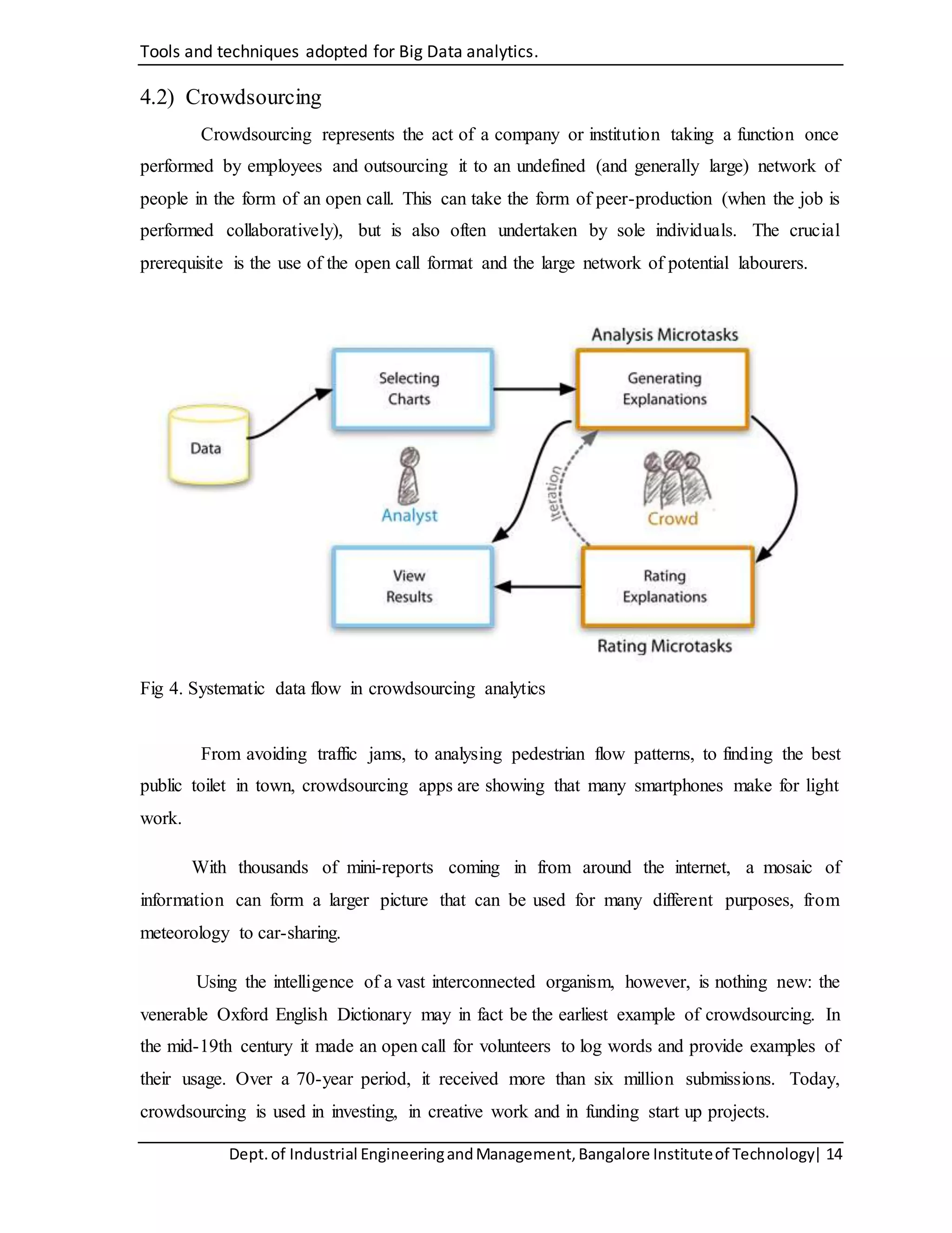 Tools and techniques adopted for Big Data analytics.
Dept.of Industrial EngineeringandManagement,Bangalore Instituteof Technology| 14
4.2) Crowdsourcing
Crowdsourcing represents the act of a company or institution taking a function once
performed by employees and outsourcing it to an undefined (and generally large) network of
people in the form of an open call. This can take the form of peer-production (when the job is
performed collaboratively), but is also often undertaken by sole individuals. The crucial
prerequisite is the use of the open call format and the large network of potential labourers.
Fig 4. Systematic data flow in crowdsourcing analytics
From avoiding traffic jams, to analysing pedestrian flow patterns, to finding the best
public toilet in town, crowdsourcing apps are showing that many smartphones make for light
work.
With thousands of mini-reports coming in from around the internet, a mosaic of
information can form a larger picture that can be used for many different purposes, from
meteorology to car-sharing.
Using the intelligence of a vast interconnected organism, however, is nothing new: the
venerable Oxford English Dictionary may in fact be the earliest example of crowdsourcing. In
the mid-19th century it made an open call for volunteers to log words and provide examples of
their usage. Over a 70-year period, it received more than six million submissions. Today,
crowdsourcing is used in investing, in creative work and in funding start up projects.
 