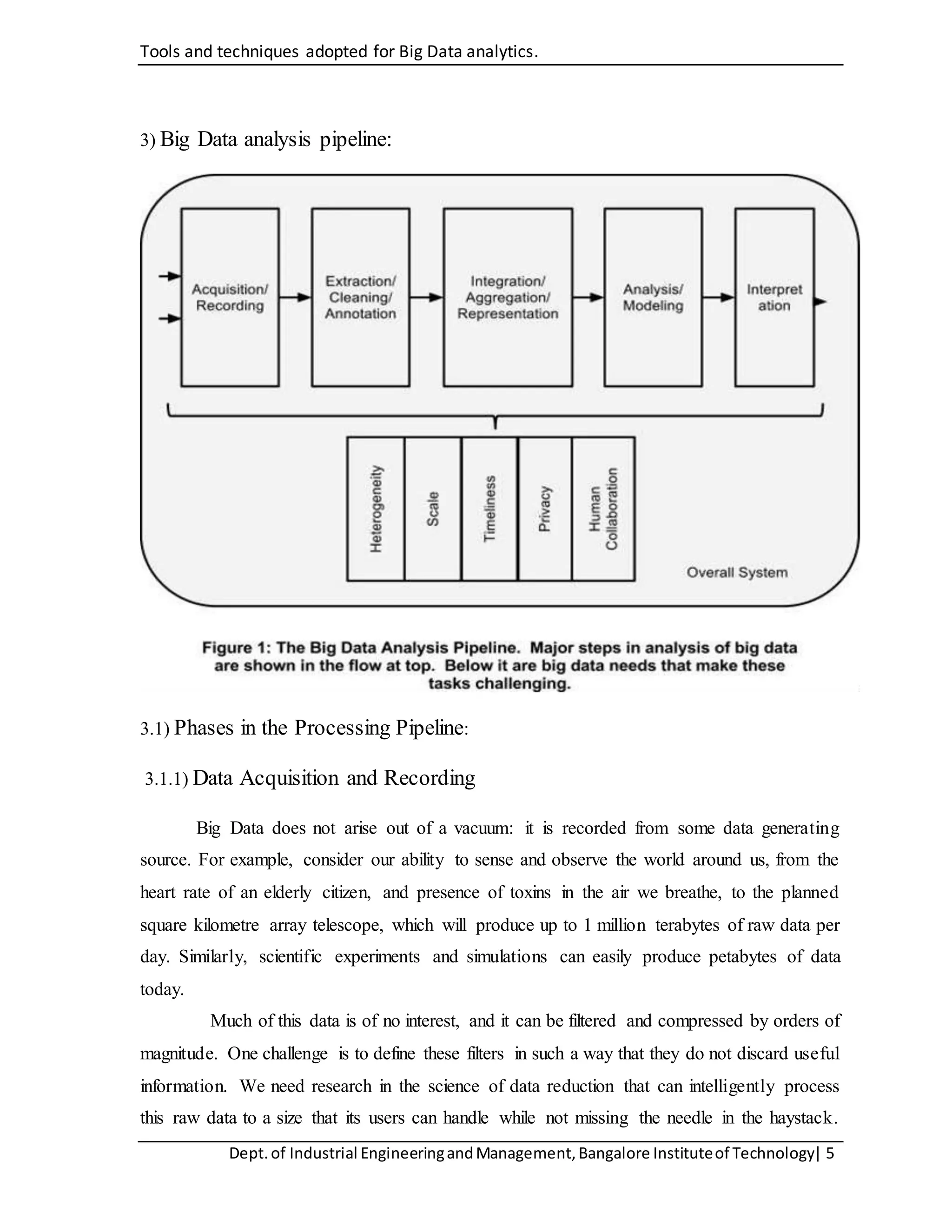 Tools and techniques adopted for Big Data analytics.
Dept.of Industrial EngineeringandManagement,Bangalore Instituteof Technology| 5
3) Big Data analysis pipeline:
3.1) Phases in the Processing Pipeline:
3.1.1) Data Acquisition and Recording
Big Data does not arise out of a vacuum: it is recorded from some data generating
source. For example, consider our ability to sense and observe the world around us, from the
heart rate of an elderly citizen, and presence of toxins in the air we breathe, to the planned
square kilometre array telescope, which will produce up to 1 million terabytes of raw data per
day. Similarly, scientific experiments and simulations can easily produce petabytes of data
today.
Much of this data is of no interest, and it can be filtered and compressed by orders of
magnitude. One challenge is to define these filters in such a way that they do not discard useful
information. We need research in the science of data reduction that can intelligently process
this raw data to a size that its users can handle while not missing the needle in the haystack.
 