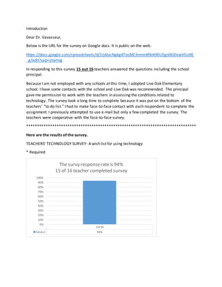 Introduction
Dear Dr. Vavasseur,
Below is the URL for the survey on Google docs. It is public on the web.
https://docs.google.com/spreadsheets/d/1rjAlacNgkg4TosMZ3nmmXf6rk90U5gn0GDewVGo9E
_g/edit?usp=sharing
In responding to this survey 15 out 16 teachers answered the questions including the school
principal.
Because I am not employed with any schools at this time, I adopted Live Oak Elementary
school. I have some contacts with the school and Live Oak was recommended. The principal
gave me permission to work with the teachers in assessing the conditions related to
technology. The survey took a long time to complete because it was put on the bottom of the
teachers’ “to do list.” I had to make face-to-face contact with each respondent to complete the
assignment. I previously attempted to use e-mail but only a few completed the survey. The
teachers were cooperative with the face-to-face survey.
******************************************************************************
Here are the results of the survey.
TEACHERS' TECHNOLOGY SURVEY- A wish list for using technology
* Required
15/16
Series1 94%
0%
10%
20%
30%
40%
50%
60%
70%
80%
90%
100%
The survy responserateis 94%
15 of 16 teacher completed survey
 