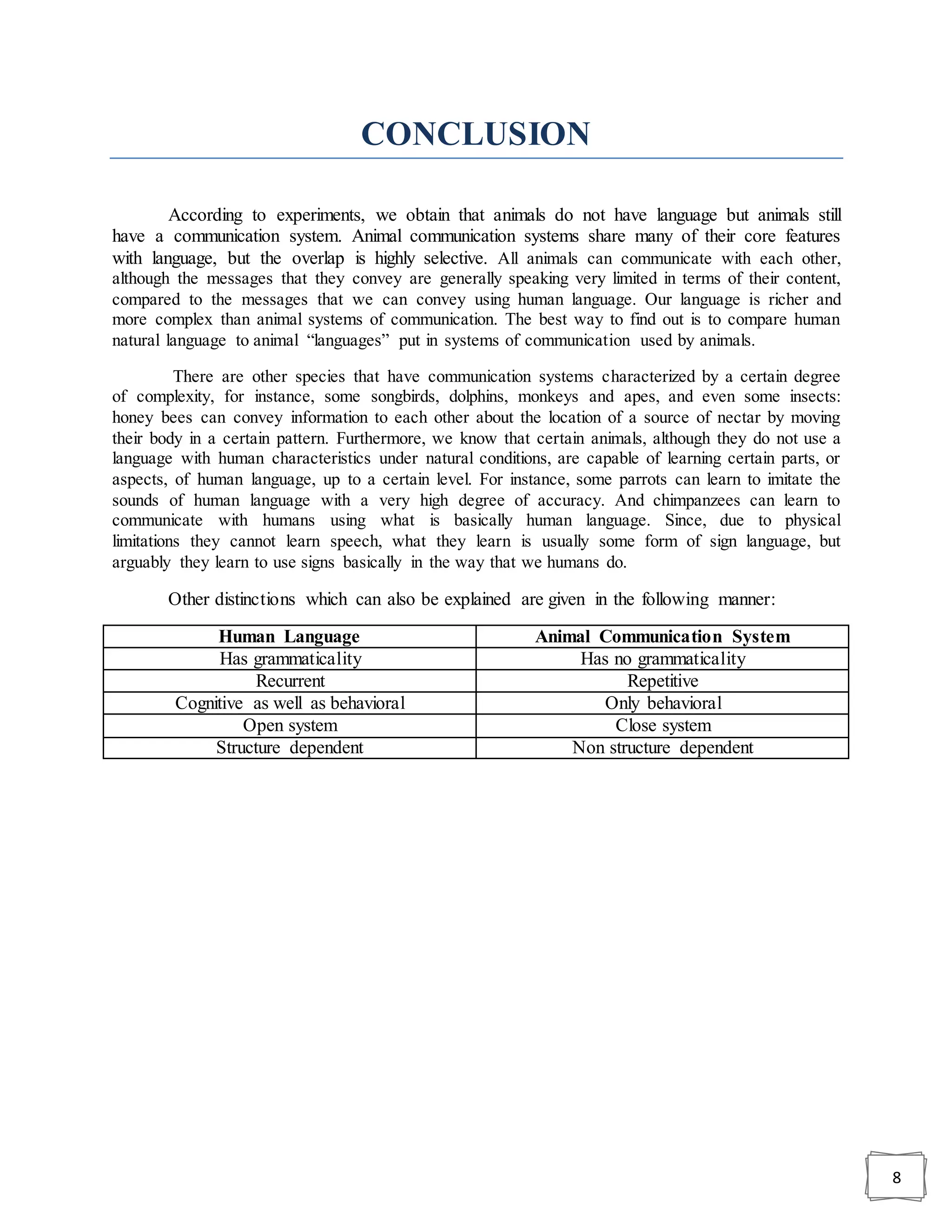 8
CONCLUSION
According to experiments, we obtain that animals do not have language but animals still
have a communication system. Animal communication systems share many of their core features
with language, but the overlap is highly selective. All animals can communicate with each other,
although the messages that they convey are generally speaking very limited in terms of their content,
compared to the messages that we can convey using human language. Our language is richer and
more complex than animal systems of communication. The best way to find out is to compare human
natural language to animal “languages” put in systems of communication used by animals.
There are other species that have communication systems characterized by a certain degree
of complexity, for instance, some songbirds, dolphins, monkeys and apes, and even some insects:
honey bees can convey information to each other about the location of a source of nectar by moving
their body in a certain pattern. Furthermore, we know that certain animals, although they do not use a
language with human characteristics under natural conditions, are capable of learning certain parts, or
aspects, of human language, up to a certain level. For instance, some parrots can learn to imitate the
sounds of human language with a very high degree of accuracy. And chimpanzees can learn to
communicate with humans using what is basically human language. Since, due to physical
limitations they cannot learn speech, what they learn is usually some form of sign language, but
arguably they learn to use signs basically in the way that we humans do.
Other distinctions which can also be explained are given in the following manner:
Human Language Animal Communication System
Has grammaticality Has no grammaticality
Recurrent Repetitive
Cognitive as well as behavioral Only behavioral
Open system Close system
Structure dependent Non structure dependent
 