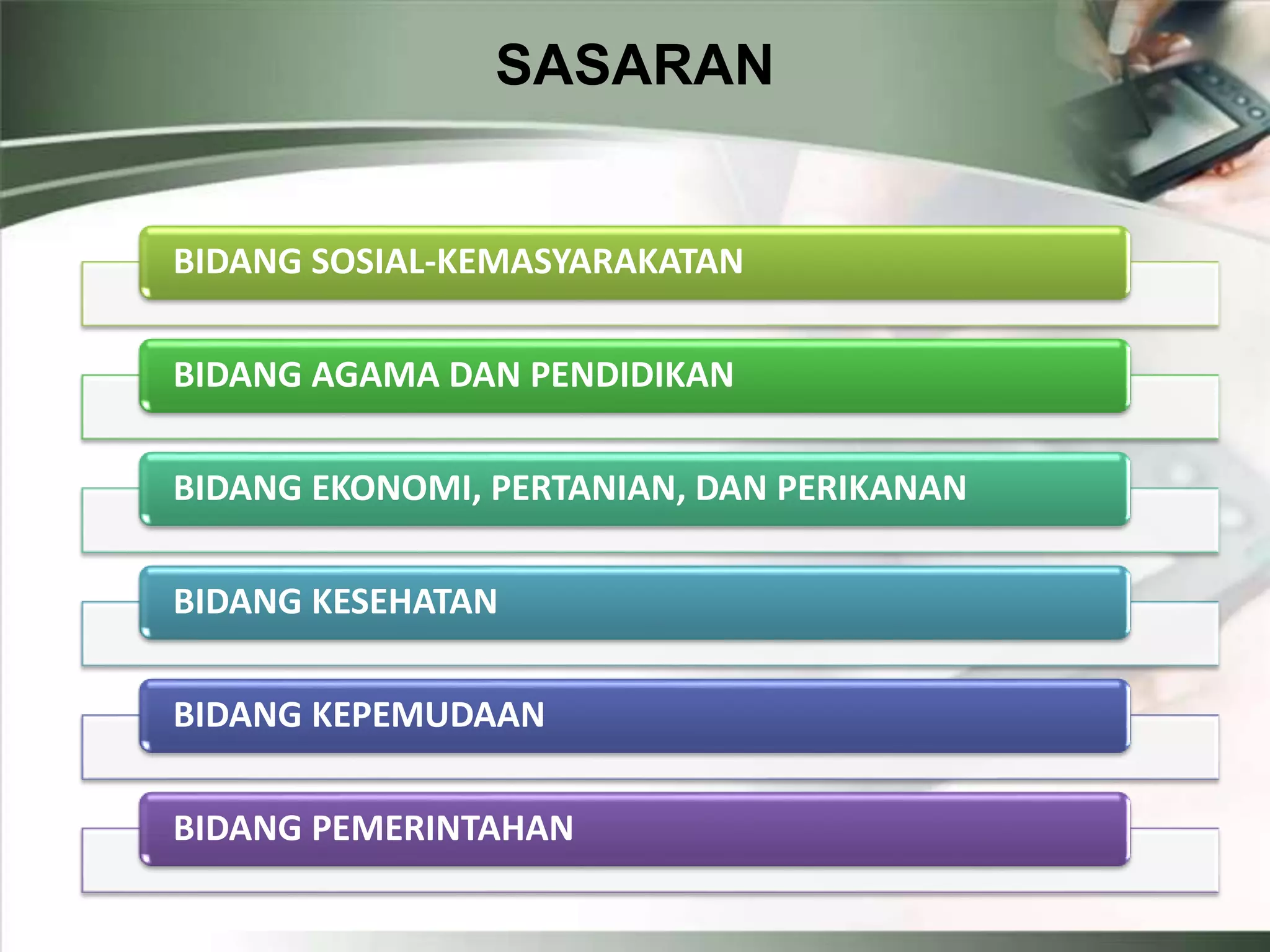 SASARAN
BIDANG SOSIAL-KEMASYARAKATAN
BIDANG AGAMA DAN PENDIDIKAN
BIDANG EKONOMI, PERTANIAN, DAN PERIKANAN
BIDANG KESEHATAN
BIDANG KEPEMUDAAN
BIDANG PEMERINTAHAN
 