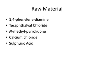 Raw Material
• 1,4-phenylene-diamine
• Teraphthalyal Chloride
• N-methyl-pyrrolidone
• Calcium chloride
• Sulphuric Acid
 