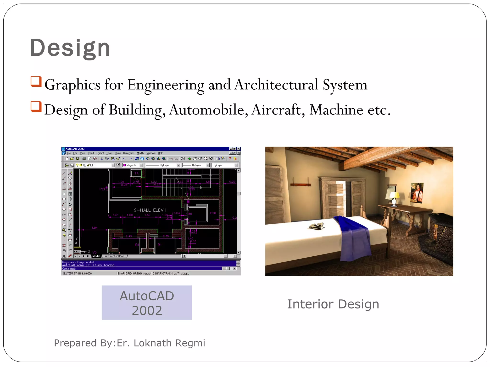 Design
Prepared By:Er. Loknath Regmi
Graphics for Engineering and Architectural System
Design of Building,Automobile,Aircraft, Machine etc.
AutoCAD
2002
Interior Design
 