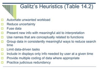 Galitz’s Heuristics (Table 14.2)
 Automate unwanted workload
 Reduce uncertainty
 Fuse data
 Present new info with meaningful aid to interpretation
 Use names that are conceptually related to functions
 Group data in consistently meaningful ways to reduce search
time
 Limit data-driven tasks
 Include in displays only info needed by user at a given time
 Provide multiple coding of data where appropriate
 Practice judicious redundancy
 