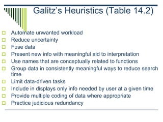 Galitz’s Heuristics (Table 14.2)
 Automate unwanted workload
 Reduce uncertainty
 Fuse data
 Present new info with meaningful aid to interpretation
 Use names that are conceptually related to functions
 Group data in consistently meaningful ways to reduce search
time
 Limit data-driven tasks
 Include in displays only info needed by user at a given time
 Provide multiple coding of data where appropriate
 Practice judicious redundancy
 