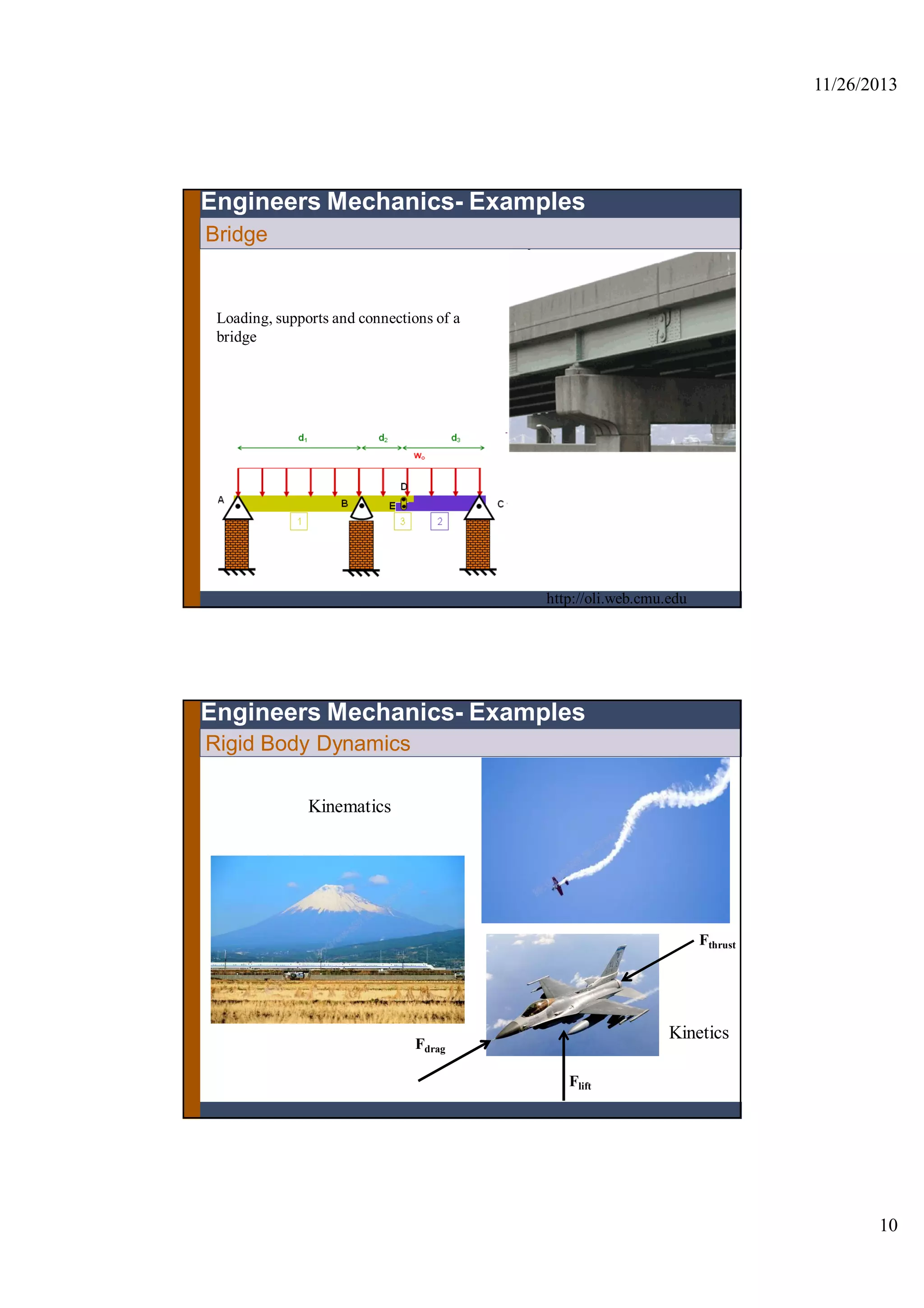 11/26/2013
10
Engineers Mechanics- Examples
Bridge
Loading, supports and connections of a
bridge
http://oli.web.cmu.edu
Rigid Body Dynamics
Fthrust
Flift
Fdrag
Engineers Mechanics- Examples
Kinematics
Kinetics
 