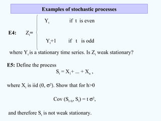 E4: Zt=
Yt if t is even
Yt+1 if t is odd
where Yt is a stationary time series. Is Zt weak stationary?
E5: Define the process
St = X1+ ... + Xn ,
where Xi is iid (0, σ2
). Show that for h>0
Cov (St+h, St) = t σ2
,
and therefore St is not weak stationary.
Examples of stochastic processesExamples of stochastic processes
 
