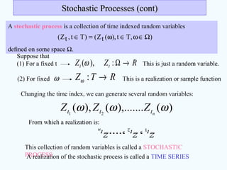 RZZ tt →Ω:),(ω
Suppose that
(1) For a fixed t
Changing the time index, we can generate several random variables:
)(),.......(),( 21
ωωω nttt ZZZ
(2) For fixed ω
This is just a random variable.
RTZ →:ω This is a realization or sample function
This collection of random variables is called a STOCHASTIC
PROCESSA realization of the stochastic process is called a TIME SERIES
From which a realization is:
nt t tz z z,.... ,2 1
A stochastic process is a collection of time indexed random variables
defined on some space Ω.
),Tt),(tZ()Tt,tZ( Ω∈ω∈ω=∈
Stochastic Processes (cont)Stochastic Processes (cont)
 